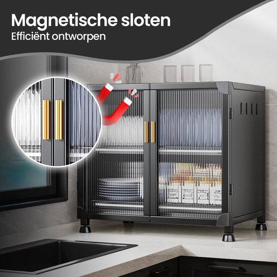 Gootsteenkast organizer – Uitschuifbaar keukenkast rek met ladesysteem – Afdruiprek en mandjes – Onder gootsteen – Zwart kunststof-Ilumina Benelux