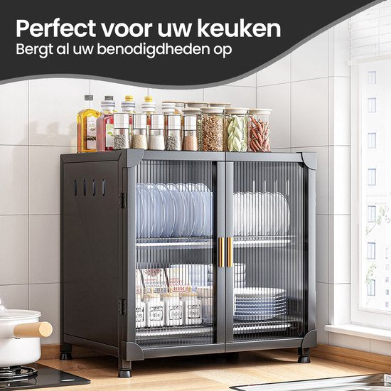 Gootsteenkast organizer – Uitschuifbaar keukenkast rek met ladesysteem – Afdruiprek en mandjes – Onder gootsteen – Zwart kunststof-Ilumina Benelux