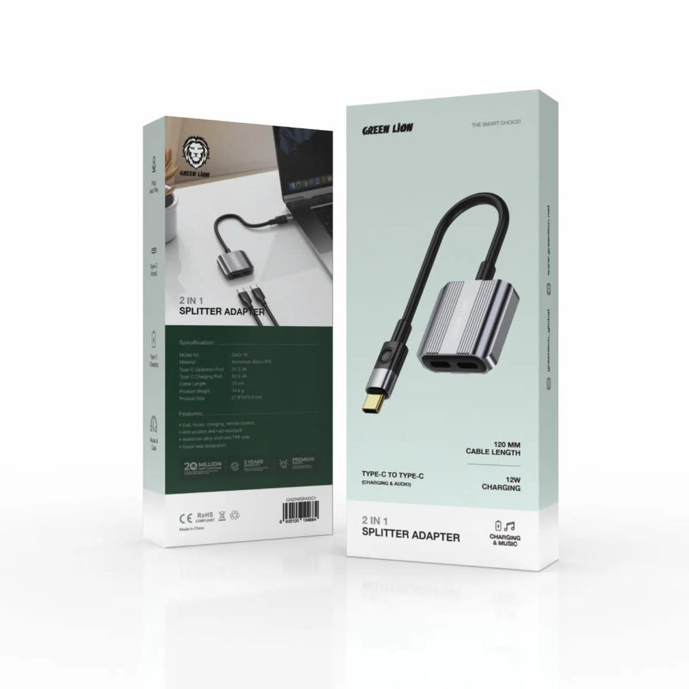 Green Lion 2 In 1 Splitter Adapter - Type-C to Dual Type-C - Grijs-Audiokabel-Ilumina Benelux