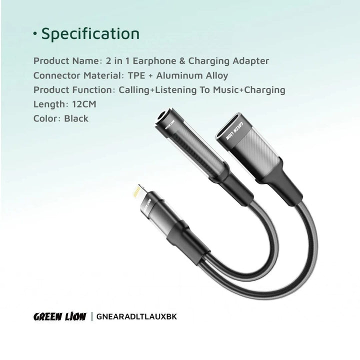 Green Lion 2 in 1 Earphone & Charging Adapter - Lightning to Lightning + 3.5 Aux - Zwart-Audiokabel-Ilumina Benelux