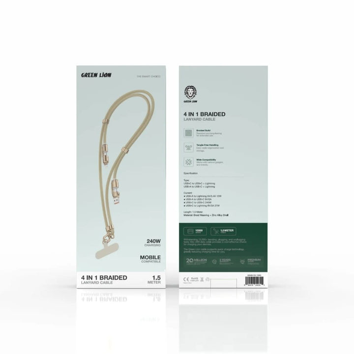 Green Lion 4 in 1 Braided 150cm Lanyard Cable with Tether Patch - Beige-Telefoonkoord-Ilumina Benelux
