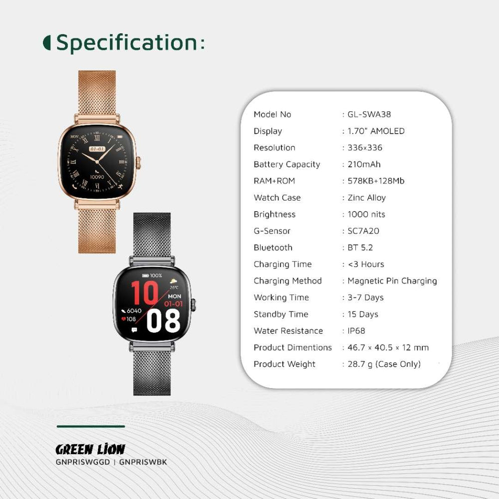 Green Lion Princess Smart Watch - Glossy Black-Smartwatches-Ilumina Benelux