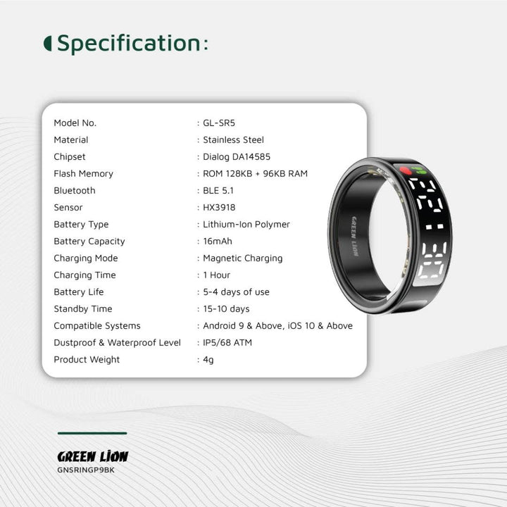 Green Lion Smart Ring Pro With Digital Display - Size 9 - Zwart-Trackers-Ilumina Benelux