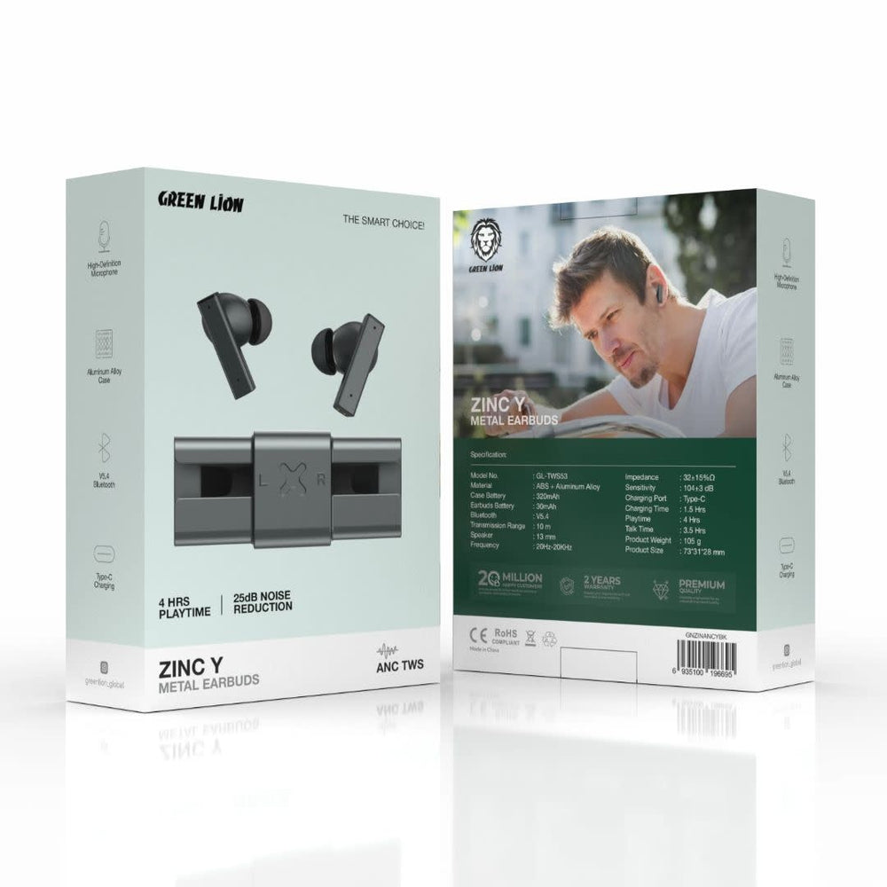 Green Lion ZINC Y Metal Earbuds - TWS with ANC - Zwart-In-ear koptelefoon-Ilumina Benelux