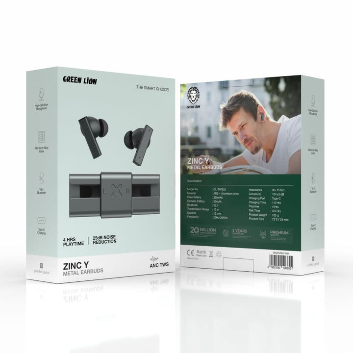 Green Lion ZINC Y Metal Earbuds - TWS with ANC - Zwart-In-ear koptelefoon-Ilumina Benelux