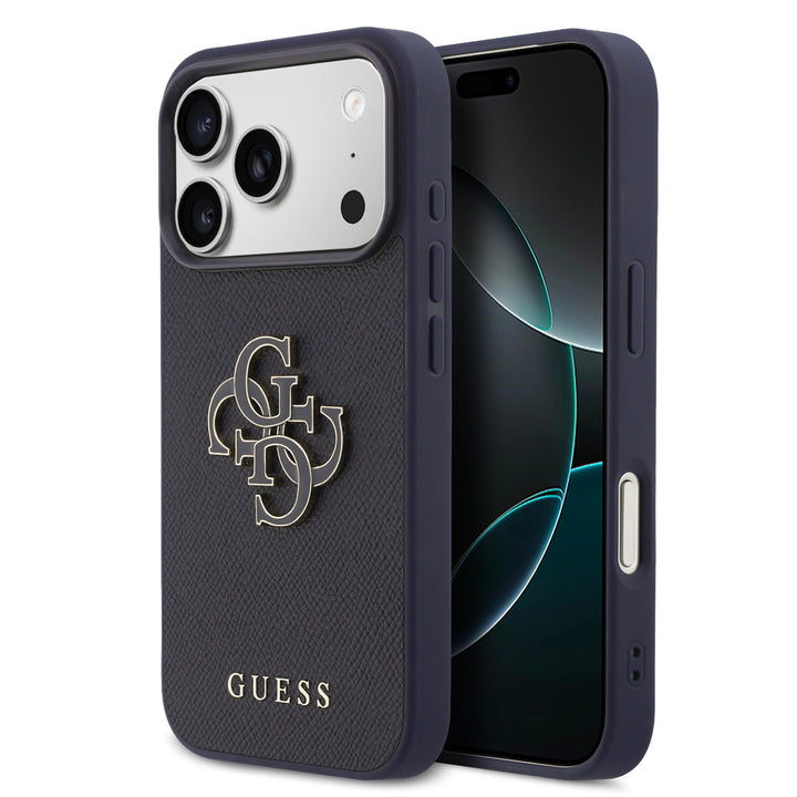Guess iPhone 17 Pro Backcover hoesje - MagSafe - Saffiano Leather - 4G Resin Logo - Navy-Hoesjes-Ilumina Benelux