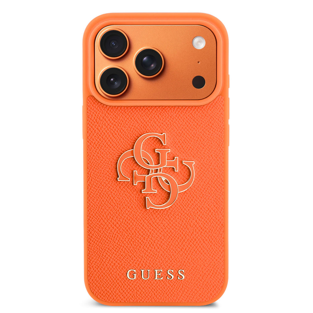 Guess iPhone 17 Pro Max Backcover hoesje - MagSafe - Saffiano Leather - 4G Resin Logo - Oranje-Hoesjes-Ilumina Benelux