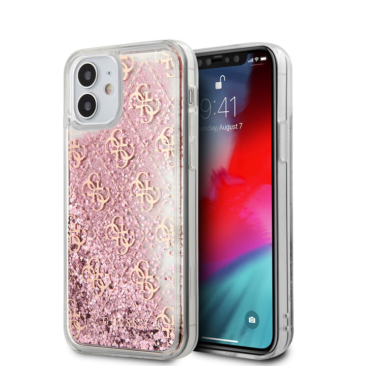 Guess Apple iPhone 12 Mini Roze Backcover hoesje - Liquid Glitter-Hoesjes-Ilumina Benelux