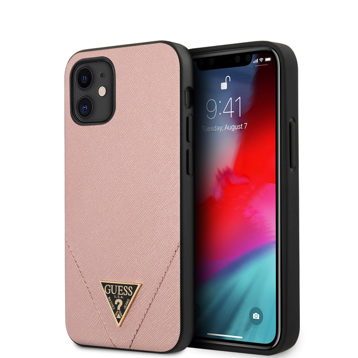 Guess Apple iPhone 12 Mini Roze Backcover hoesje - Saffiano Stitch-Hoesjes-Ilumina Benelux
