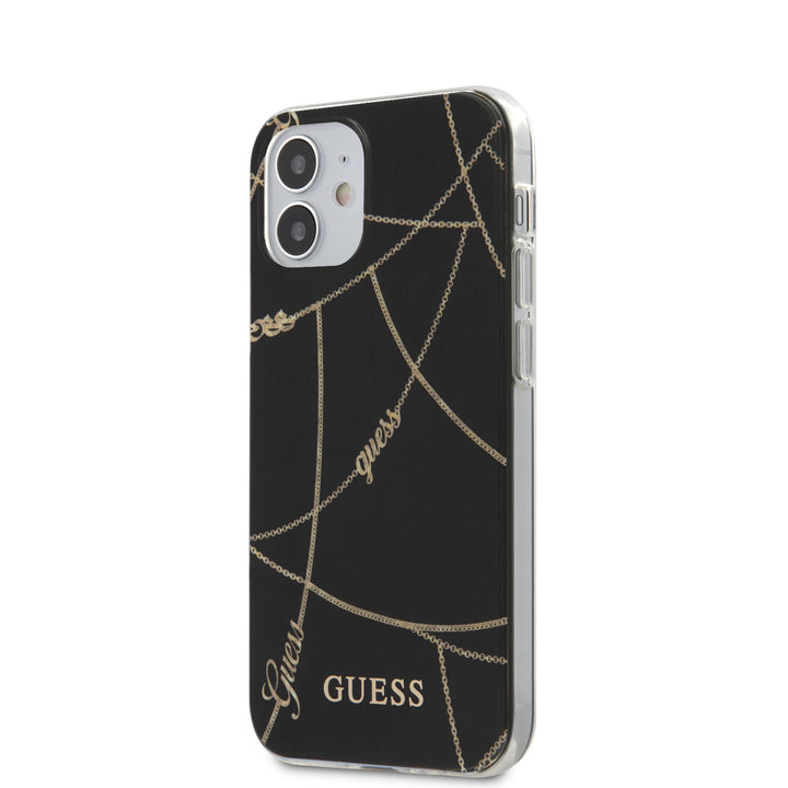Guess Apple iPhone 12 Mini zwart Backcover hoesje - Gouden Ketting TPU-Hoesjes-Ilumina Benelux