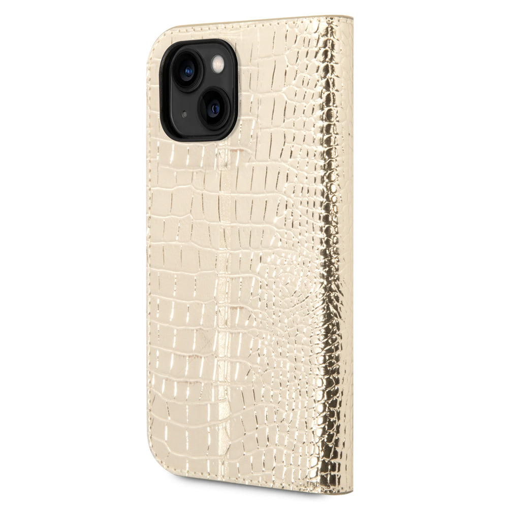 Guess Croco PU Leer Booktype Hoesje met 3 Card Slots voor Apple iPhone 14 & 15 Plus - Goud-Hoesjes-Ilumina Benelux