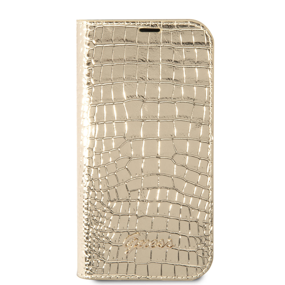 Guess Croco PU Leer Booktype Hoesje met 3 Card Slots voor Apple iPhone 14 & 15 Plus - Goud-Hoesjes-Ilumina Benelux