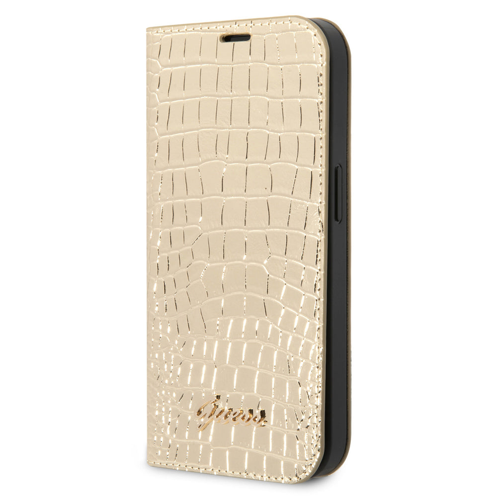 Guess Croco PU Leer Booktype Hoesje met 3 Card Slots voor Apple iPhone 14 & 15 Plus - Goud-Hoesjes-Ilumina Benelux