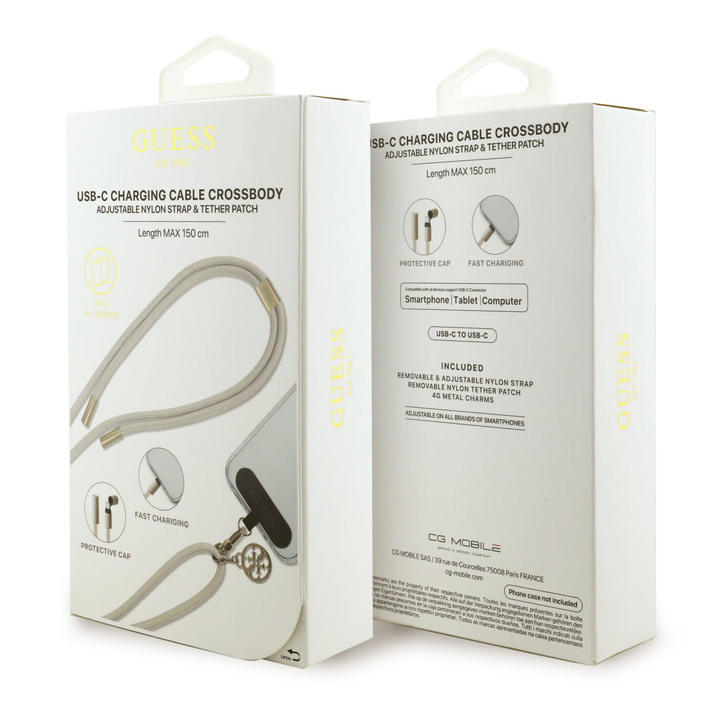 Guess Crossbody Cord with Charging Cable and Tether Patch - USB-C to USB-C - 4G Charm - Beige-Telefoonkoord-Ilumina Benelux