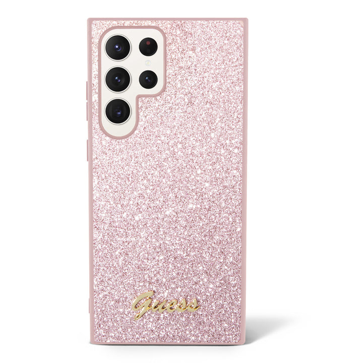 Guess Samsung Galaxy S24 Ultra Backcover hoesje - Glitter Script - Roze-Hoesjes-Ilumina Benelux
