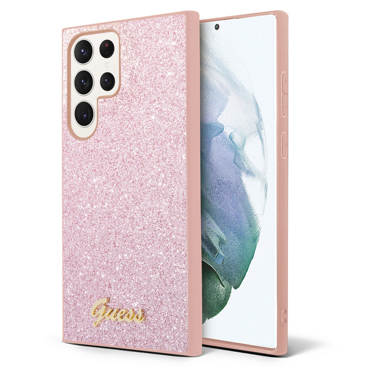 Guess Samsung Galaxy S24 Ultra Backcover hoesje - Glitter Script - Roze-Hoesjes-Ilumina Benelux