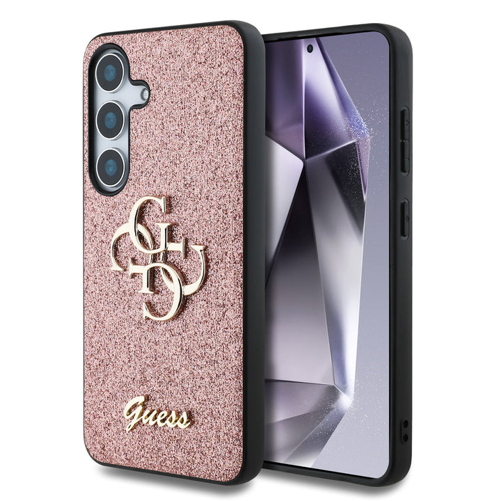 Guess Samsung Galaxy S25 Backcover hoesje - Fixed Glitter - Big 4G Metal Logo - Roze-Hoesjes-Ilumina Benelux
