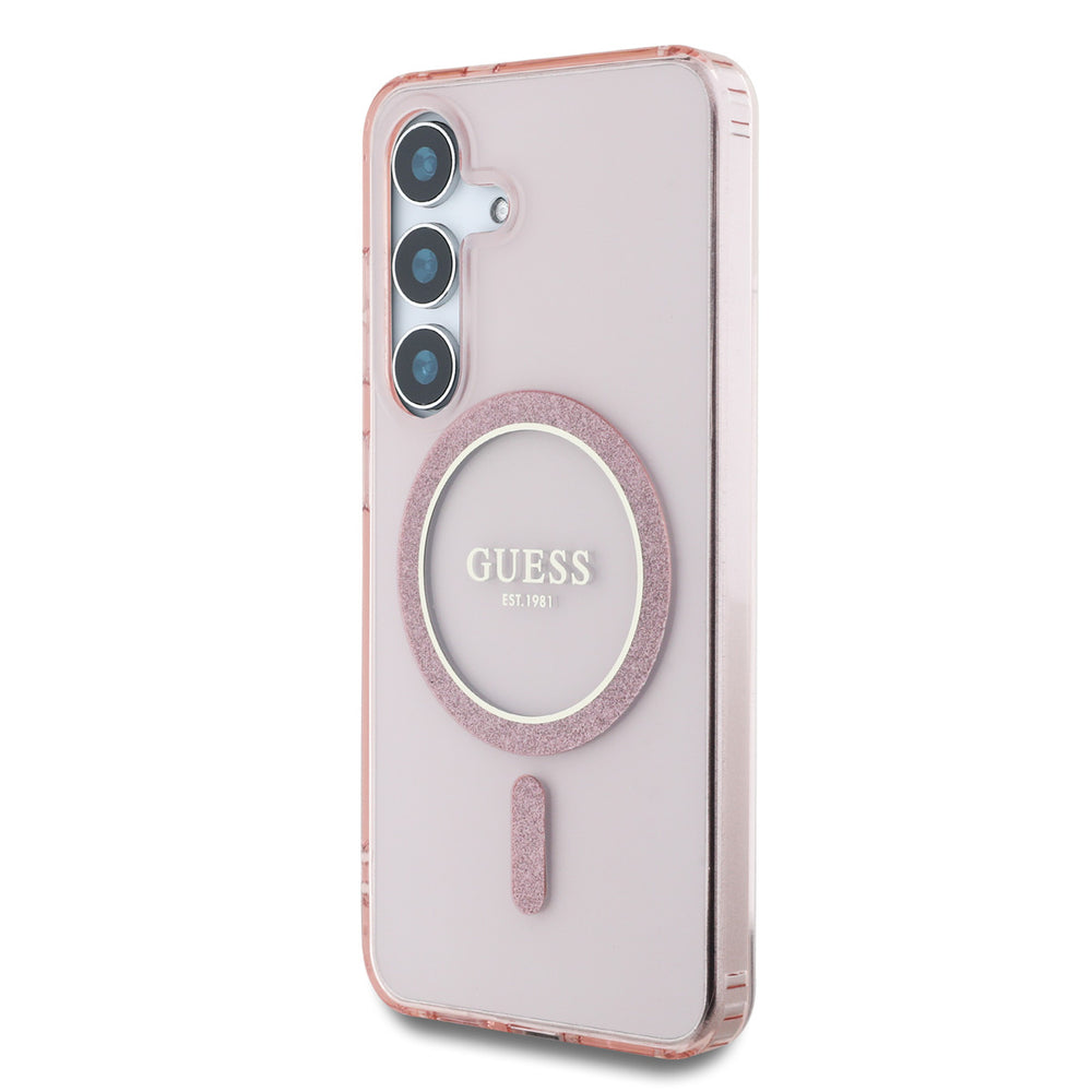 Guess Samsung Galaxy S25 Backcover hoesje - Magnetic IML Glitter Circle - Magsafe - Roze-Hoesjes-Ilumina Benelux