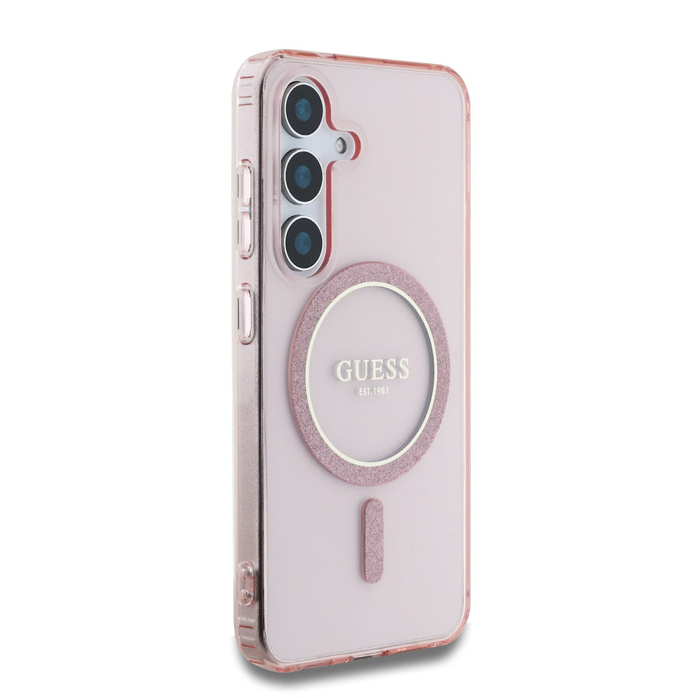 Guess Samsung Galaxy S25 Backcover hoesje - Magnetic IML Glitter Circle - Magsafe - Roze-Hoesjes-Ilumina Benelux