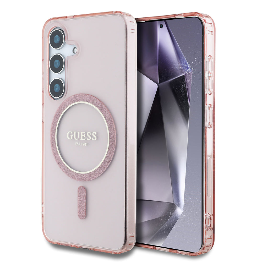 Guess Samsung Galaxy S25 Backcover hoesje - Magnetic IML Glitter Circle - Magsafe - Roze-Hoesjes-Ilumina Benelux