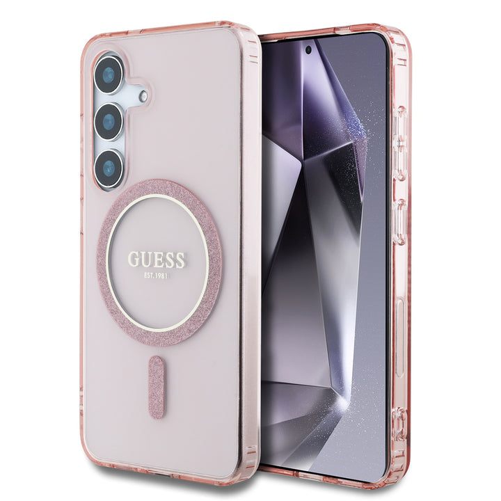 Guess Samsung Galaxy S25 Backcover hoesje - Magnetic IML Glitter Circle - Magsafe - Roze-Hoesjes-Ilumina Benelux