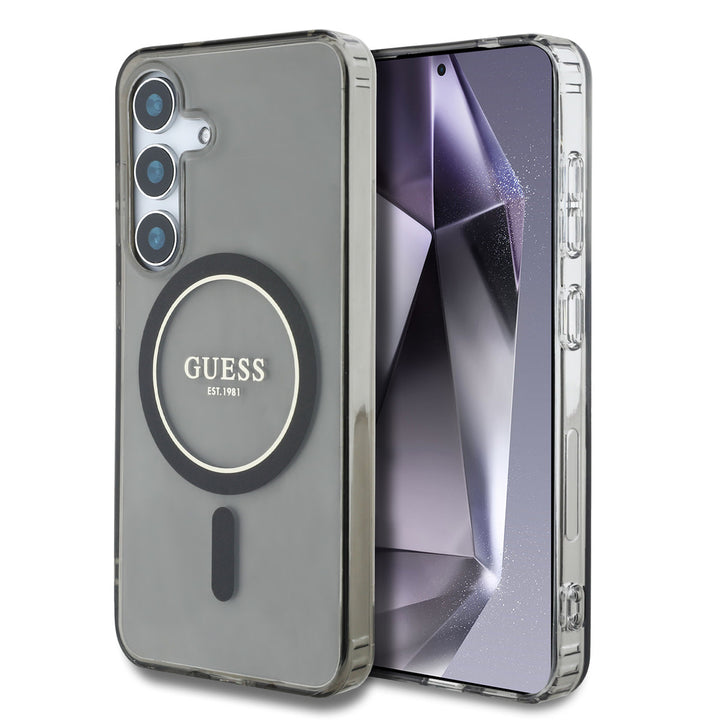 Guess Samsung Galaxy S25 Backcover hoesje - Magnetic IML Glitter Circle - Magsafe - Zwart-Hoesjes-Ilumina Benelux