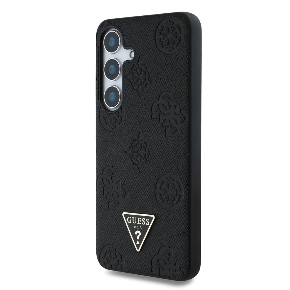 Guess Samsung Galaxy S25 Backcover hoesje - Magsafe - Grained Hot Stamp Peony Logo - Zwart-Hoesjes-Ilumina Benelux