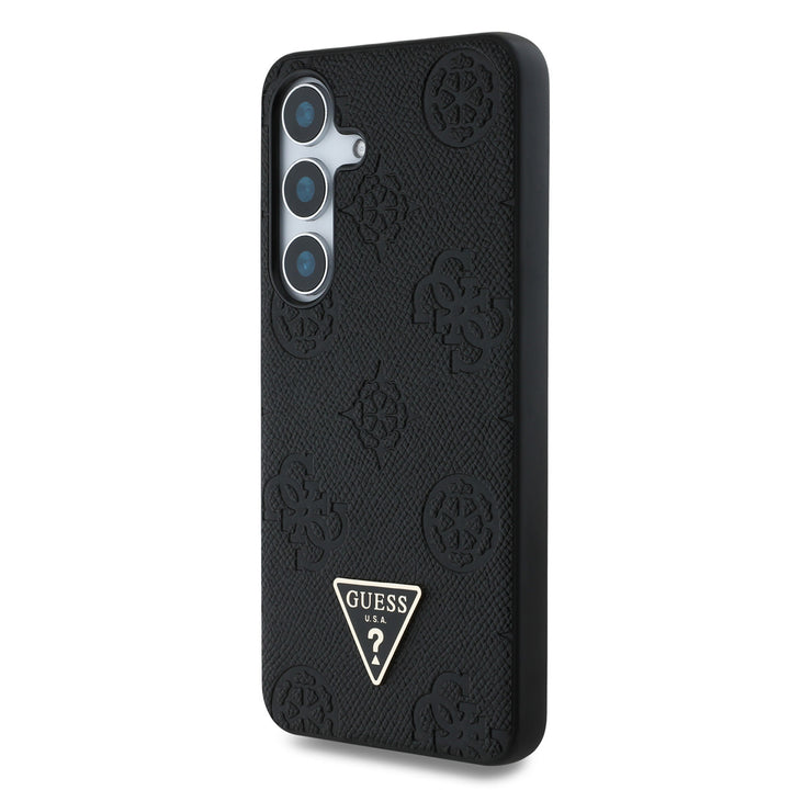 Guess Samsung Galaxy S25 Backcover hoesje - Magsafe - Grained Hot Stamp Peony Logo - Zwart-Hoesjes-Ilumina Benelux