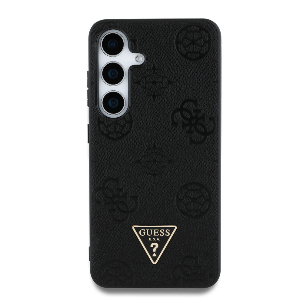 Guess Samsung Galaxy S25 Backcover hoesje - Magsafe - Grained Hot Stamp Peony Logo - Zwart-Hoesjes-Ilumina Benelux