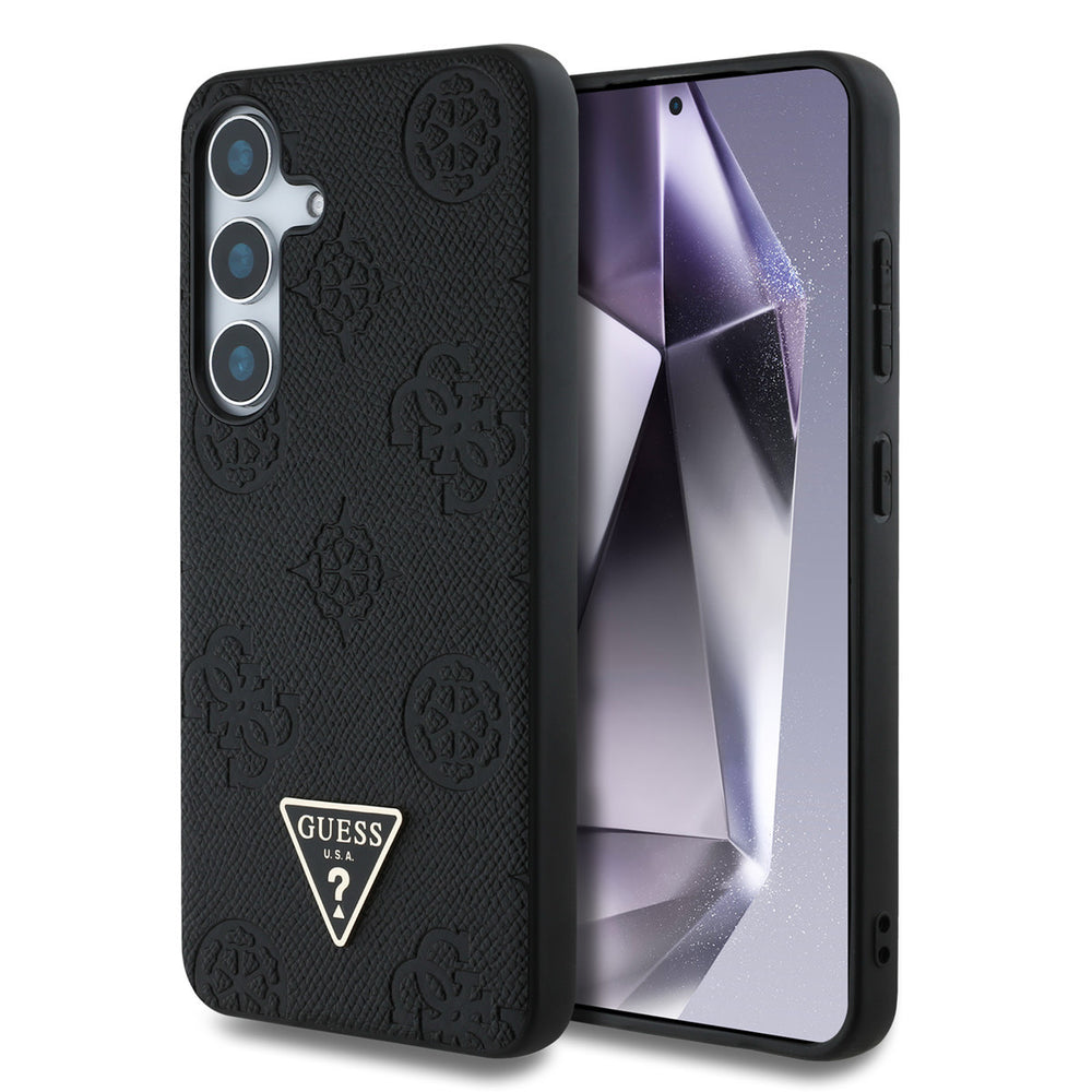 Guess Samsung Galaxy S25 Backcover hoesje - Magsafe - Grained Hot Stamp Peony Logo - Zwart-Hoesjes-Ilumina Benelux