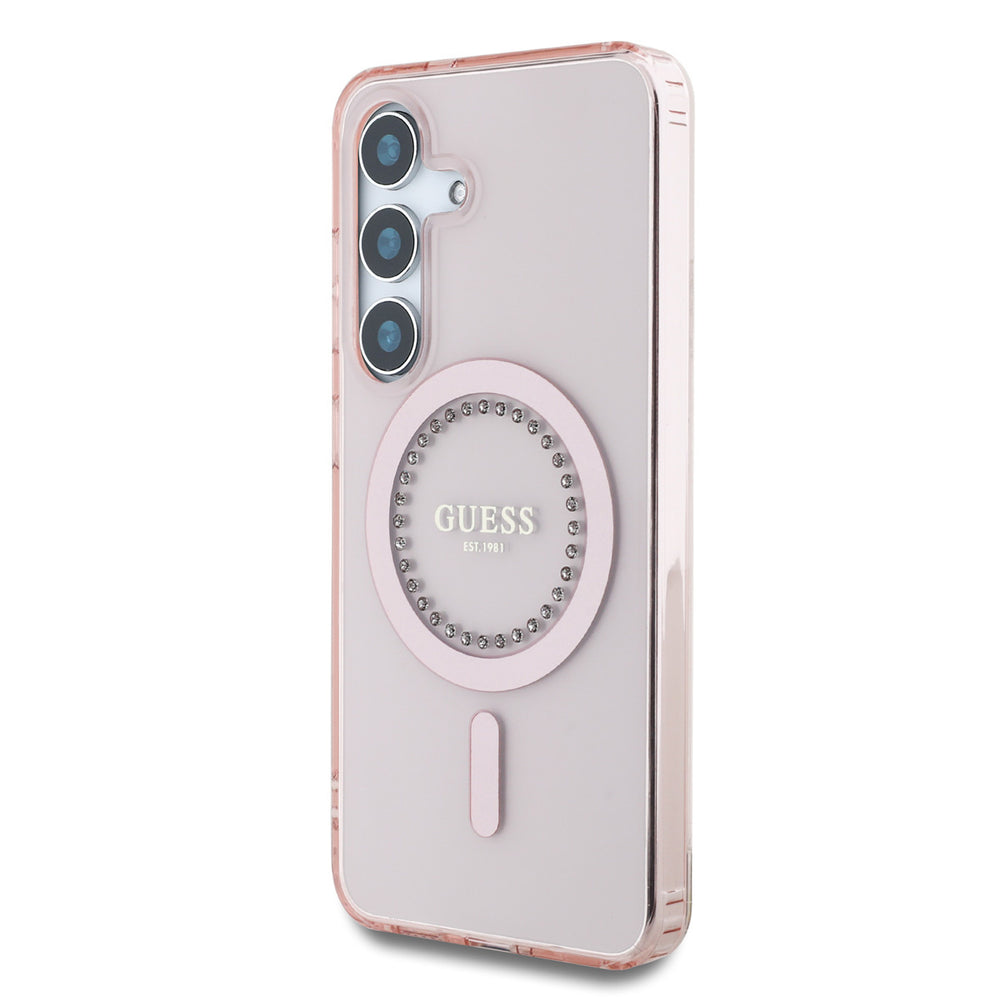Guess Samsung Galaxy S25 Backcover hoesje - Rhinestones Printed Classic Logo - MagSafe - Roze-Hoesjes-Ilumina Benelux