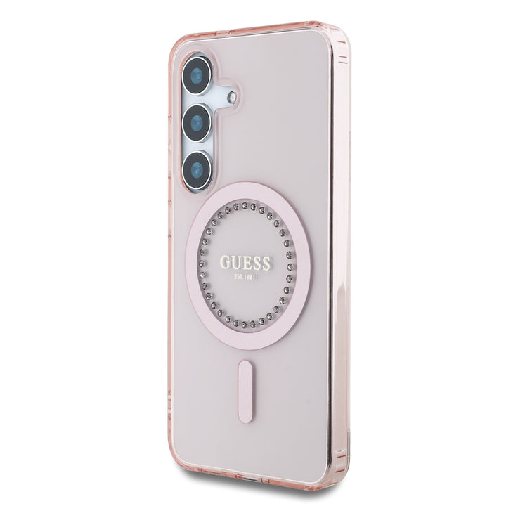 Guess Samsung Galaxy S25 Backcover hoesje - Rhinestones Printed Classic Logo - MagSafe - Roze-Hoesjes-Ilumina Benelux