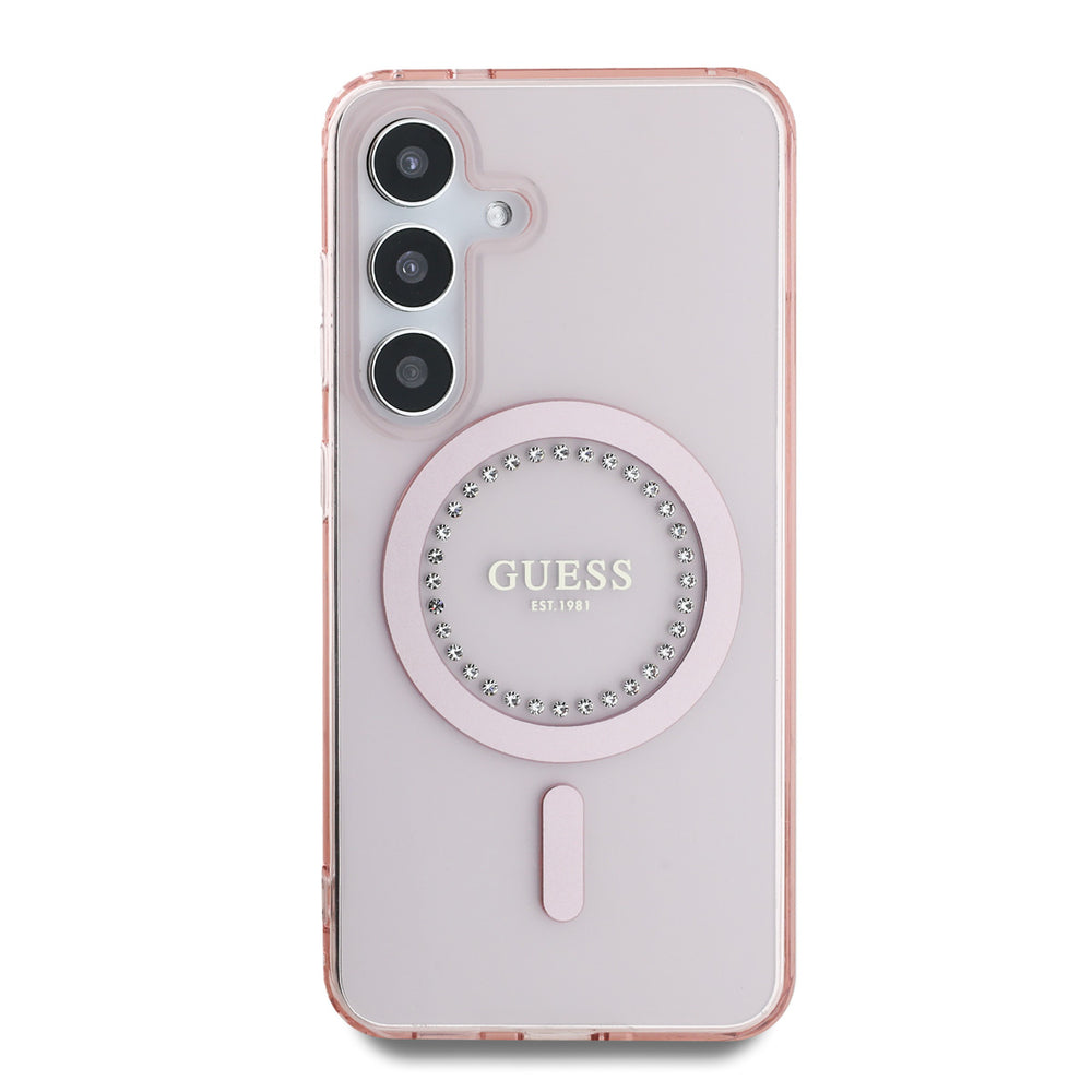 Guess Samsung Galaxy S25 Backcover hoesje - Rhinestones Printed Classic Logo - MagSafe - Roze-Hoesjes-Ilumina Benelux