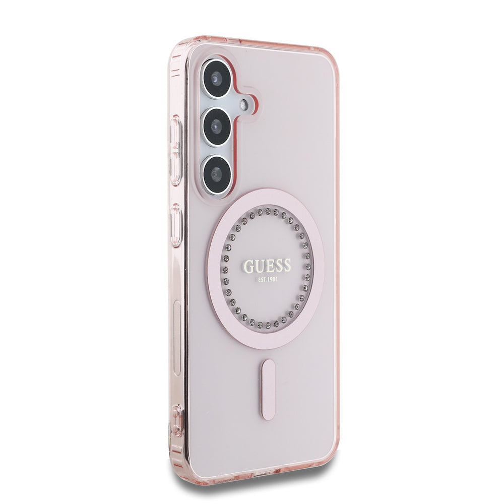 Guess Samsung Galaxy S25 Backcover hoesje - Rhinestones Printed Classic Logo - MagSafe - Roze-Hoesjes-Ilumina Benelux
