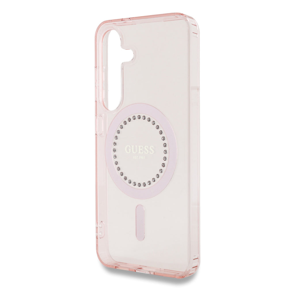 Guess Samsung Galaxy S25 Backcover hoesje - Rhinestones Printed Classic Logo - MagSafe - Roze-Hoesjes-Ilumina Benelux