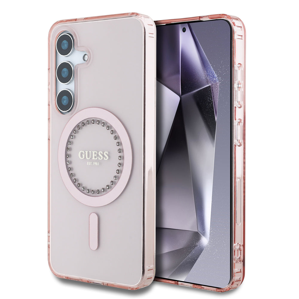 Guess Samsung Galaxy S25 Backcover hoesje - Rhinestones Printed Classic Logo - MagSafe - Roze-Hoesjes-Ilumina Benelux