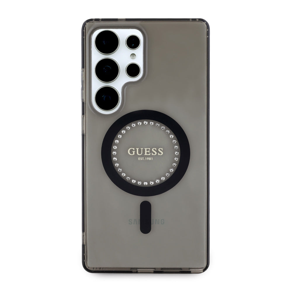Guess Samsung Galaxy S25 Ultra Backcover hoesje - Rhinestones Printed Classic Logo - MagSafe - Zwart-Hoesjes-Ilumina Benelux