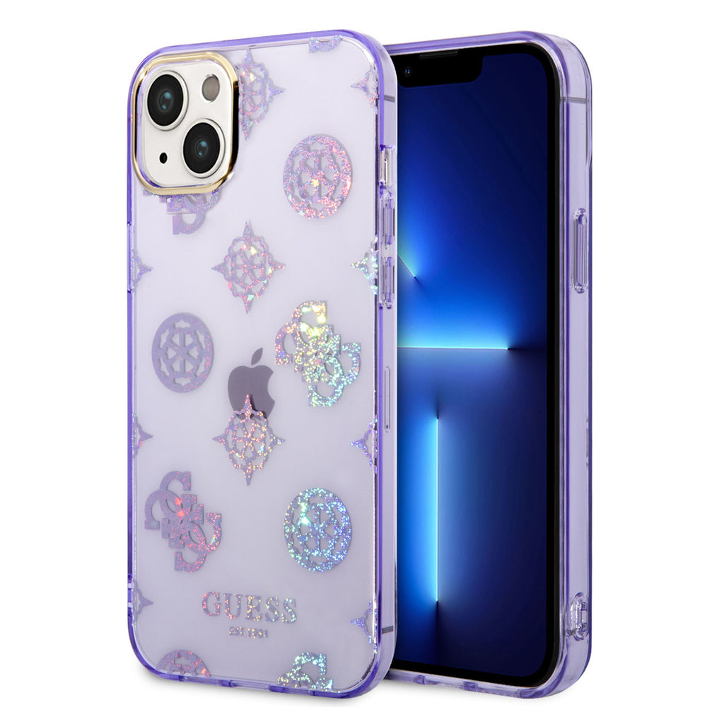 Guess TPU Hardcase Hoesje voor Apple iPhone 14 & 15 Plus - Peony Glitter Paars - Bescherm je Telefoon!-Hoesjes-Ilumina Benelux