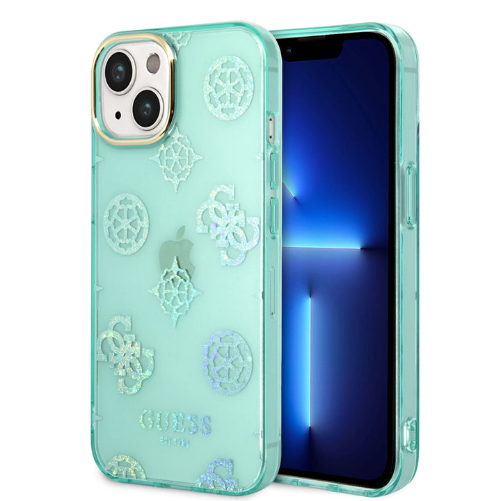 Guess TPU Peony Glitter Hardcase Hoesje voor Apple iPhone 14 & 13 - Turquoise-Hoesjes-Ilumina Benelux