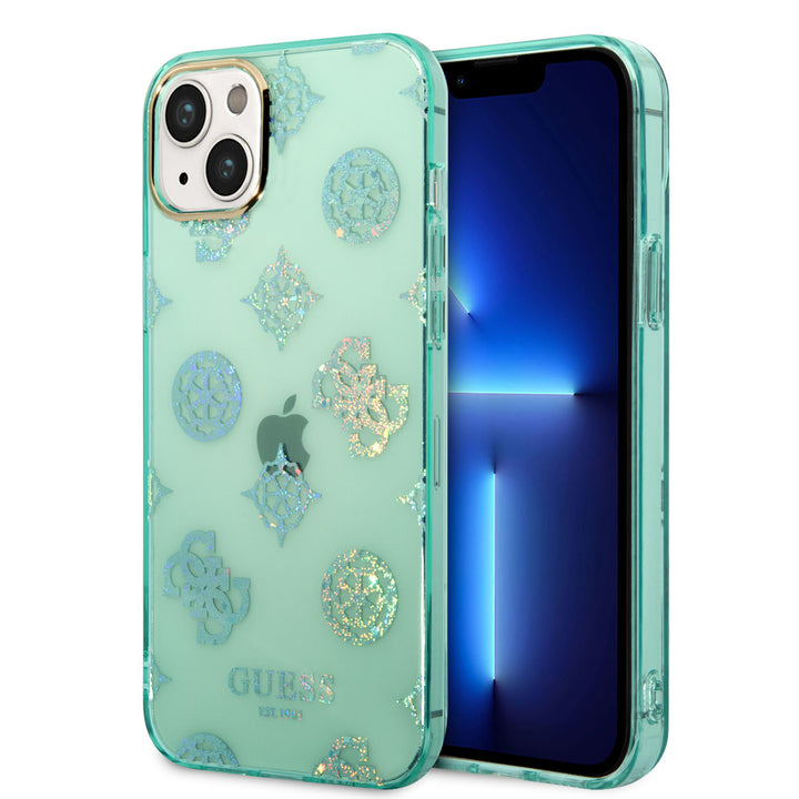 Guess TPU Peony Glitter Hardcase Hoesje voor Apple iPhone 14 & 15 Plus - Turquoise-Hoesjes-Ilumina Benelux