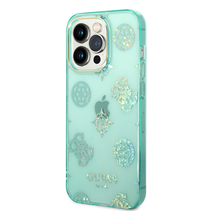 Guess TPU Peony Glitter Hardcase Hoesje voor Apple iPhone 14 Pro - Turquoise-Hoesjes-Ilumina Benelux