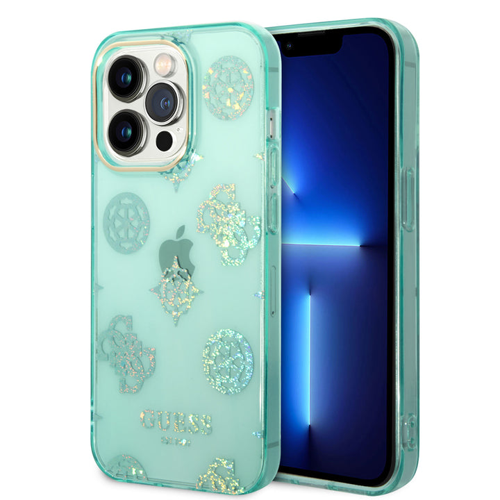 Guess TPU Peony Glitter Hardcase Hoesje voor Apple iPhone 14 Pro - Turquoise-Hoesjes-Ilumina Benelux