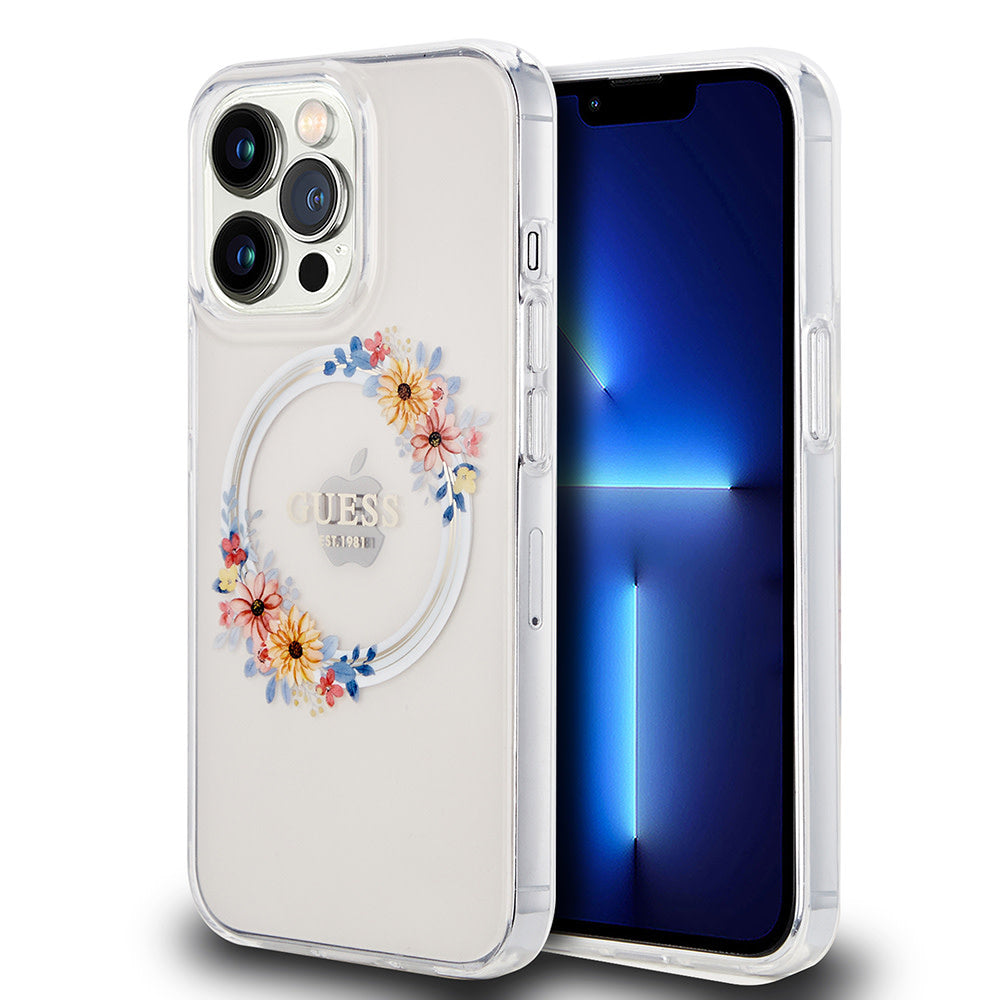 Guess iPhone 13 Pro Backcover hoesje Magsafe IML flowers - Transparant-Hoesjes-Ilumina Benelux