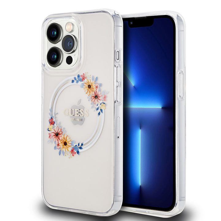 Guess iPhone 13 Pro Backcover hoesje Magsafe IML flowers - Transparant-Hoesjes-Ilumina Benelux