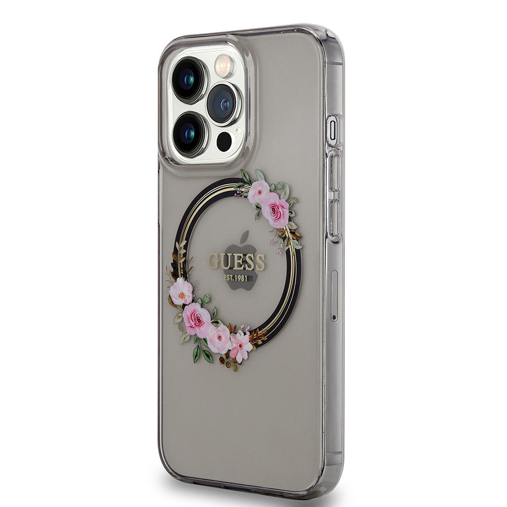 Guess iPhone 13 Pro Backcover hoesje Magsafe IML flowers - Zwart-Hoesjes-Ilumina Benelux