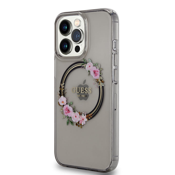 Guess iPhone 13 Pro Backcover hoesje Magsafe IML flowers - Zwart-Hoesjes-Ilumina Benelux