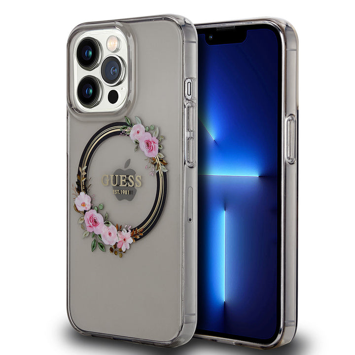 Guess iPhone 13 Pro Backcover hoesje Magsafe IML flowers - Zwart-Hoesjes-Ilumina Benelux