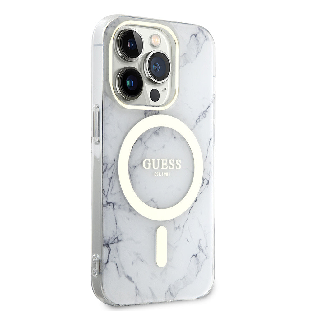 Guess iPhone 13 Pro Backcover hoesje Magsafe IML marble - Wit-Hoesjes-Ilumina Benelux