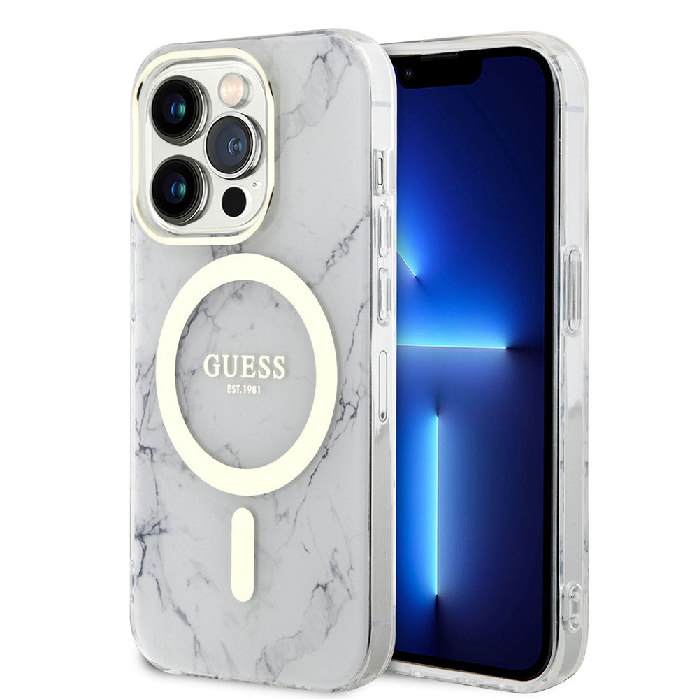 Guess iPhone 13 Pro Backcover hoesje Magsafe IML marble - Wit-Hoesjes-Ilumina Benelux