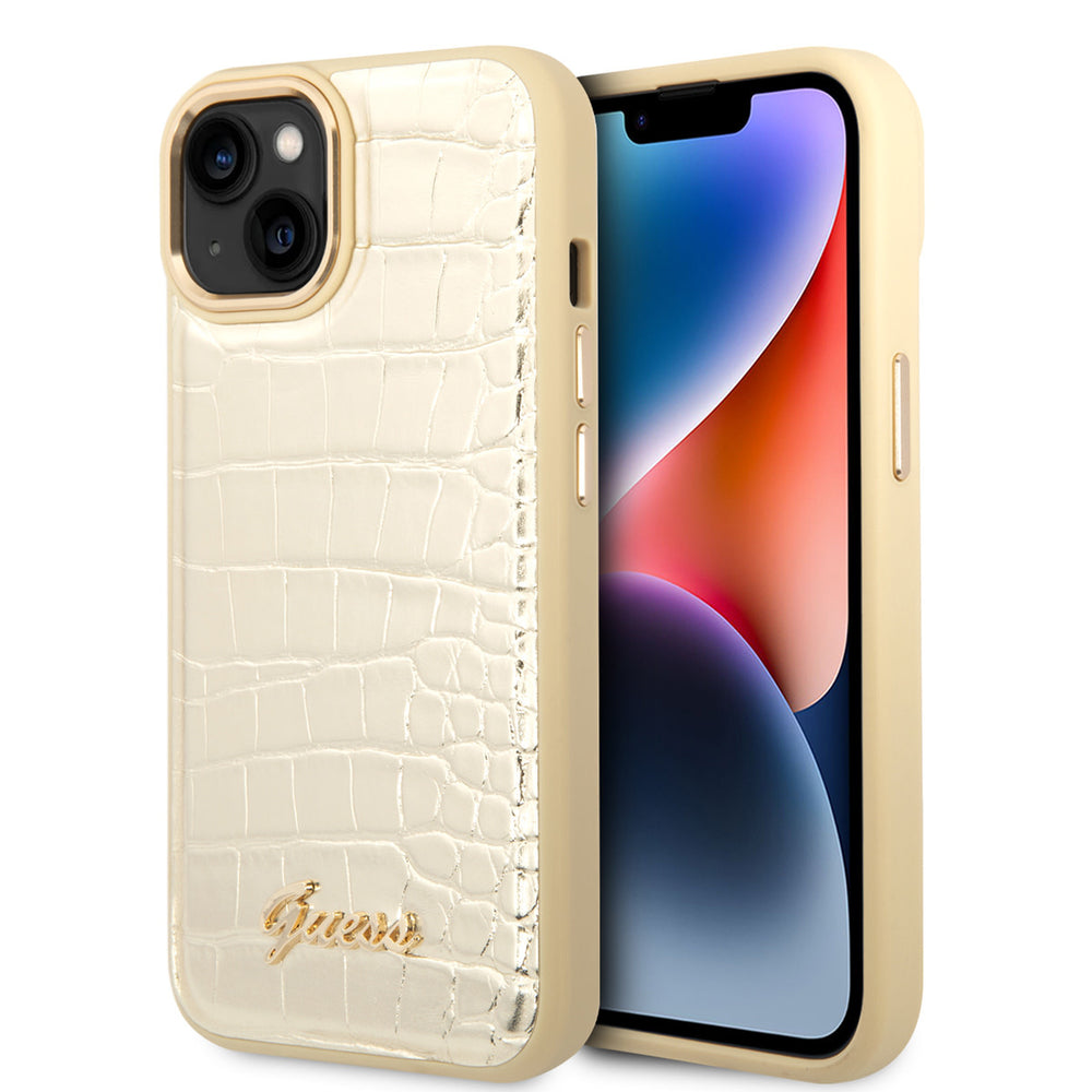 Guess iPhone 14 & 13 Hardcase Backcover - Croco - Metal Buttons & Camera - Goud-Hoesjes-Ilumina Benelux